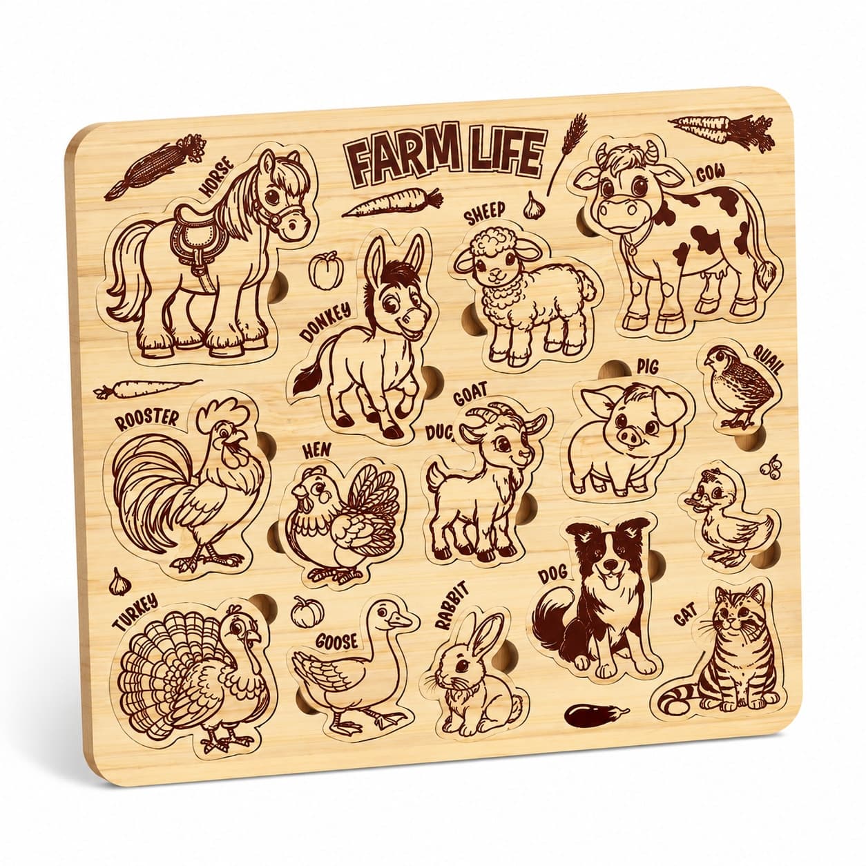 WoodyTales Farm Life Wooden Knob Puzzle – Educational Animals Jigsaw Toy for Toddlers