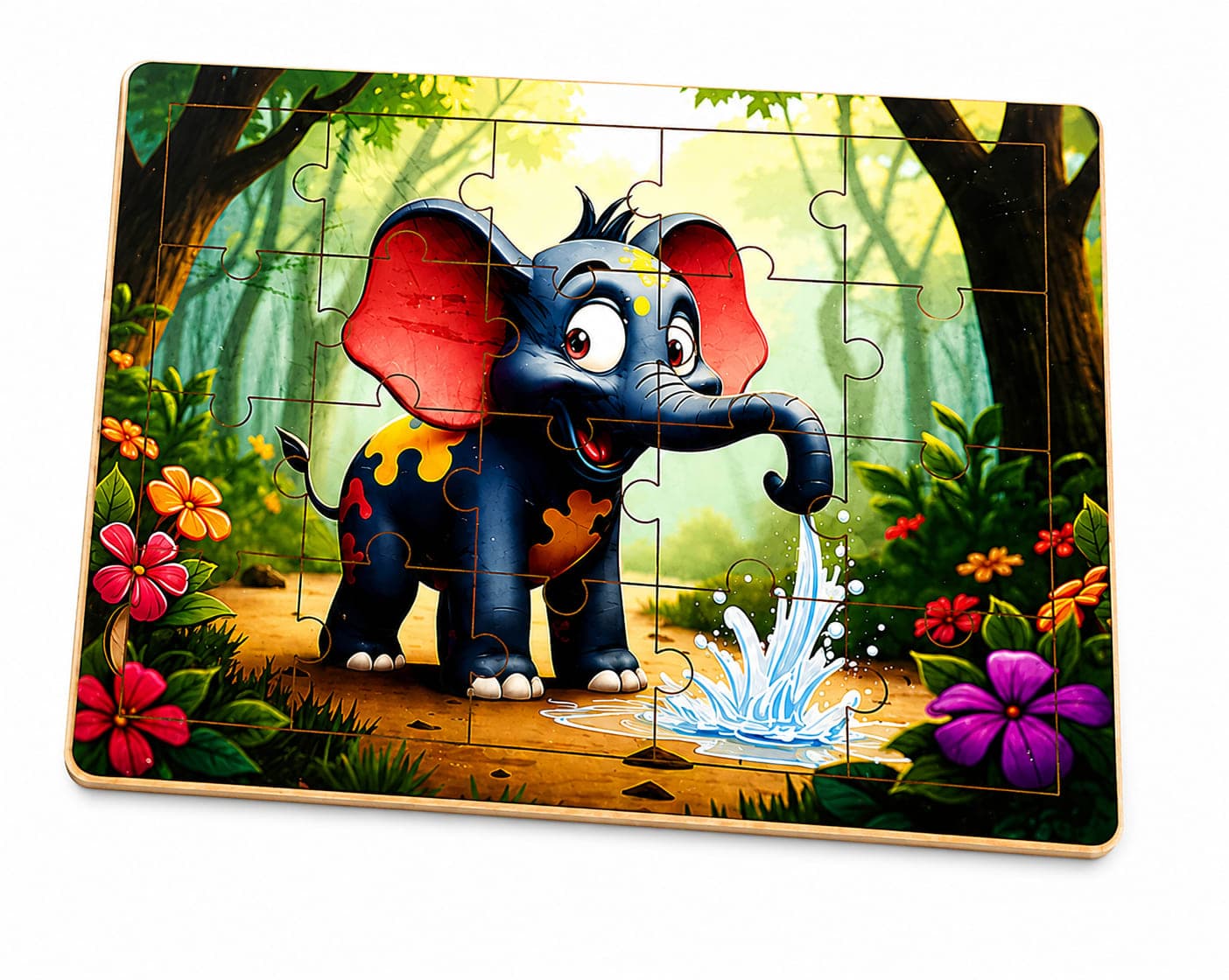 WoodyTales Elephant Playtime Wooden Jigsaw Puzzle – 24 Piece Educational Learning Toy for Kids
