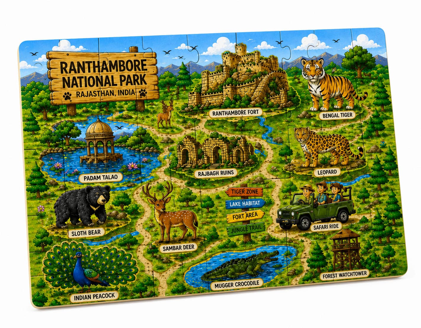 WoodyTales Ranthambore National Park Wooden Jigsaw Puzzle – Educational Wildlife Heritage Toy for Kids