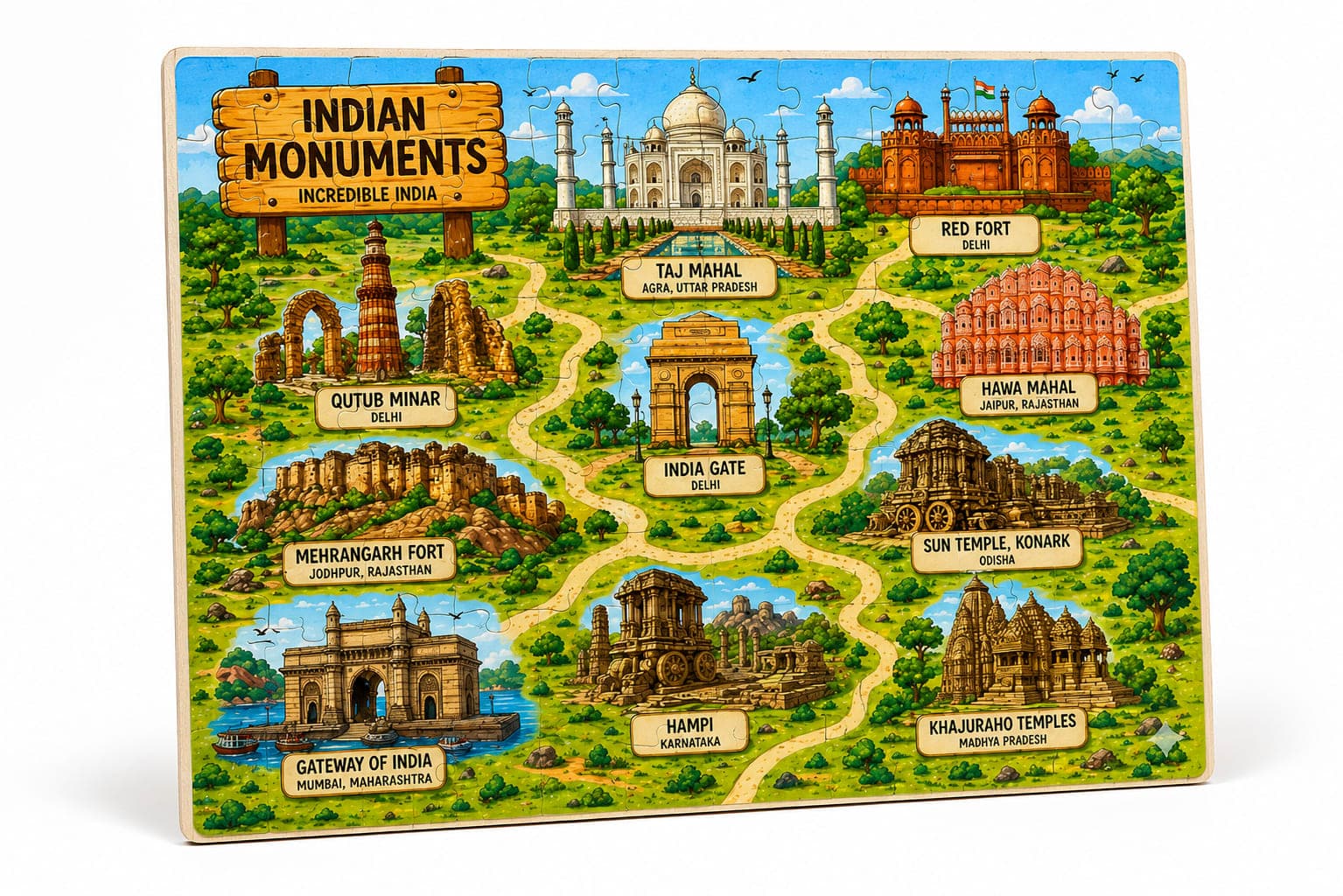 WoodyTales Indian Monuments Wooden Jigsaw Puzzle – Educational Heritage Learning Toy for Kids