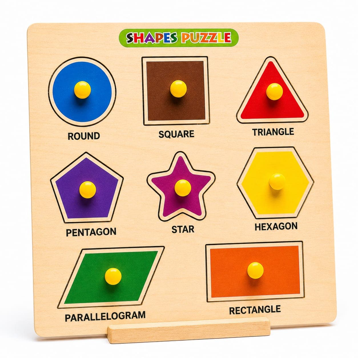 WoodyTales Premium Wooden Shapes Knob Puzzle – Educational Geometric Sorting Toy for Toddlers