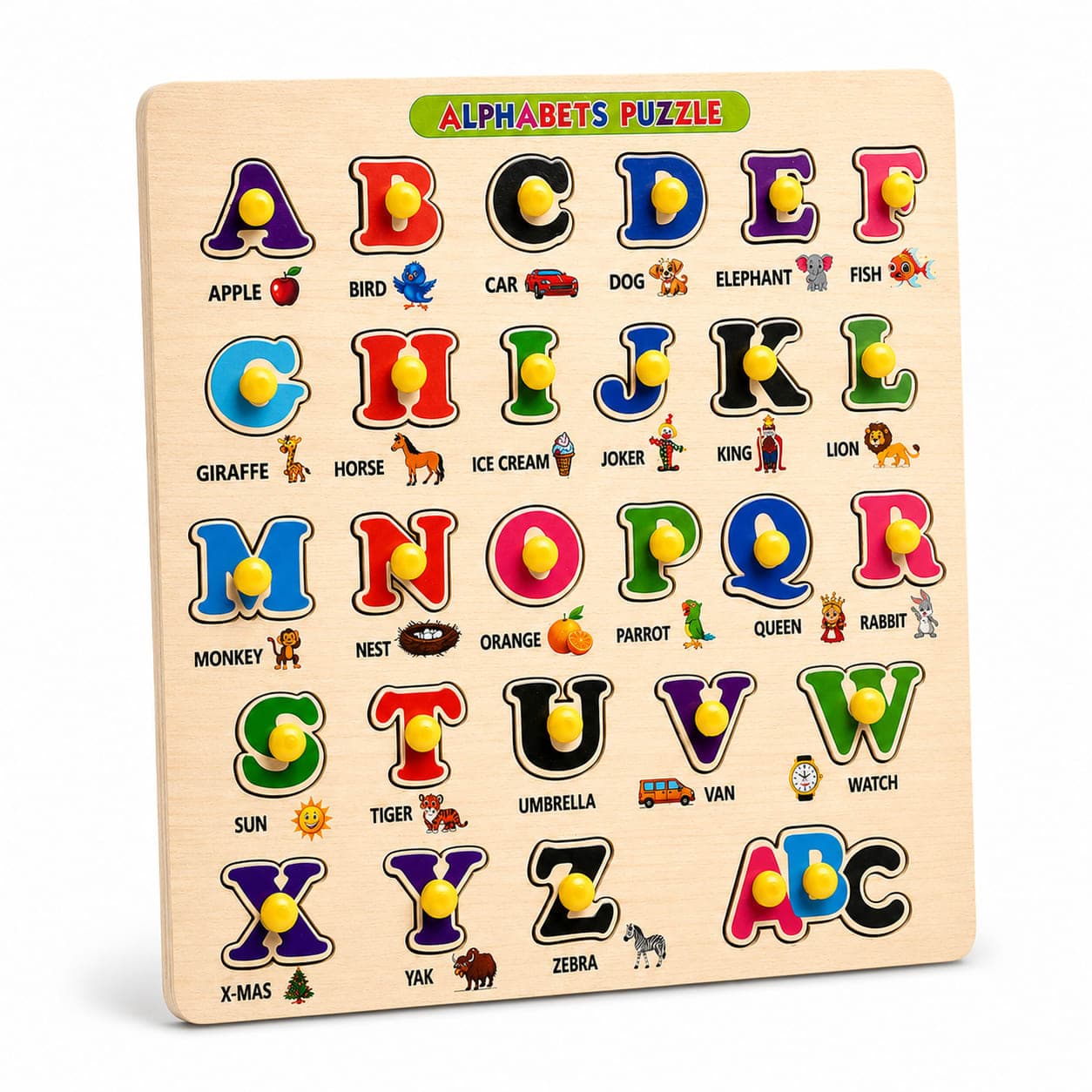 WoodyTales Premium Wooden Alphabet Knob Puzzle – Uppercase ABC Learning Board Toy for Toddlers