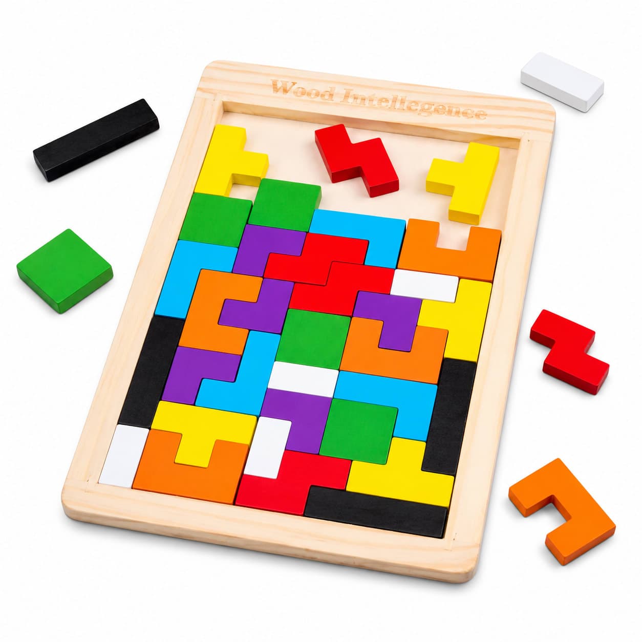 WoodyTales Premium Wooden Tetris Puzzle – Brain Teaser Tangram Geometric Board Game for Kids