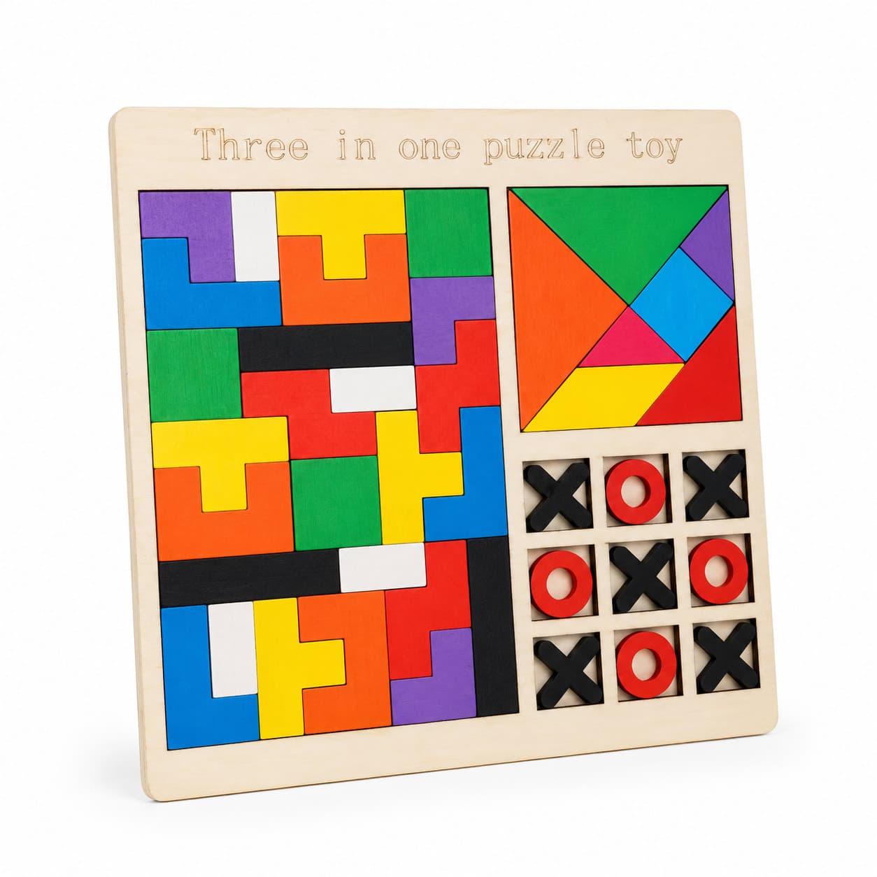 WoodyTales Premium Wooden 3-in-1 Brain Puzzle Board – Tetris, Tangram, and Tic-Tac-Toe Educational Toy Set