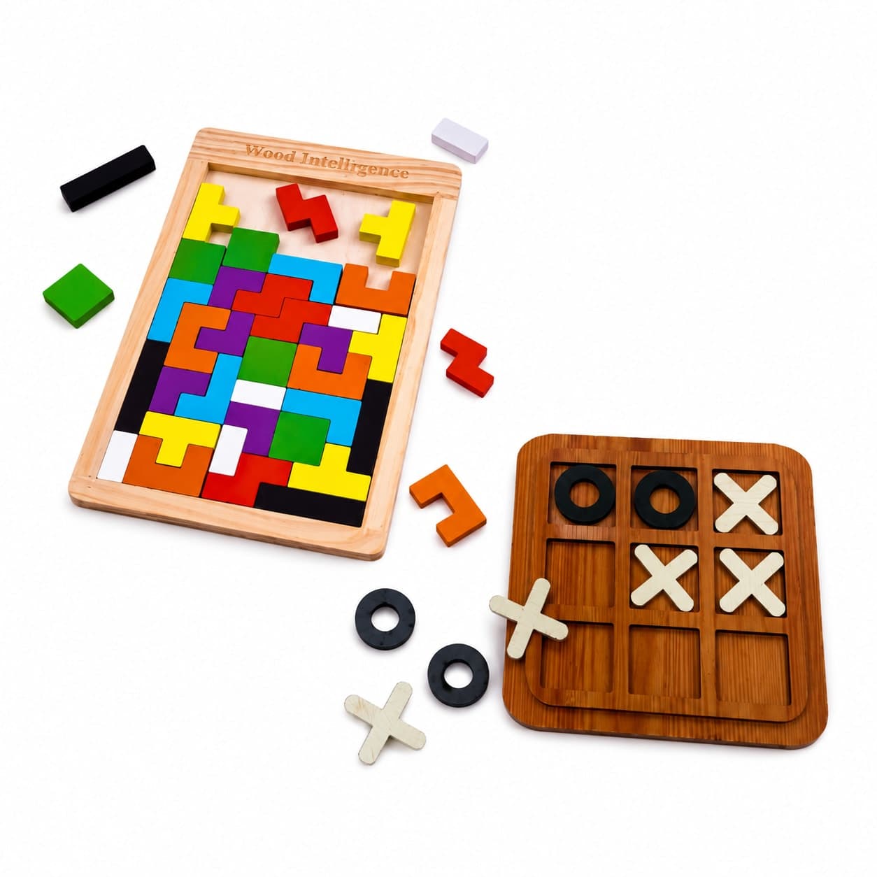 WoodyTales Premium Wooden Brain Booster Combo Set – Tetris Puzzle & Tic-Tac-Toe Board Game Bundle