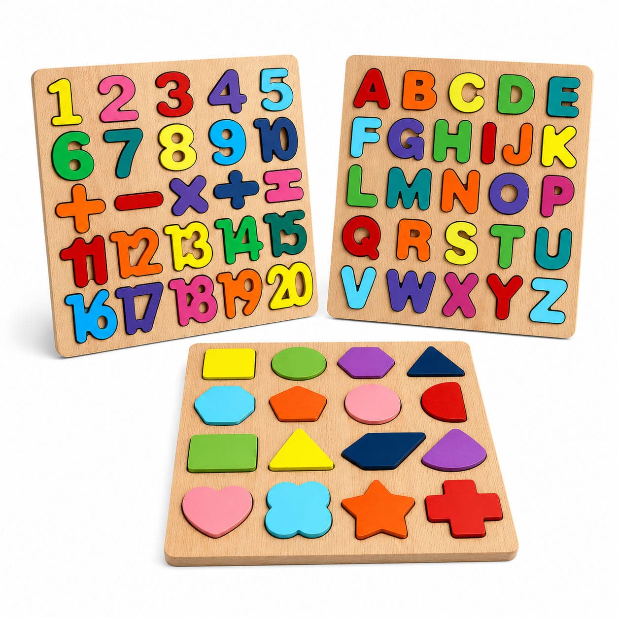 WoodyTales Premium Wooden Alphabet Numbers and Shapes Puzzle Set – 3-Pack Educational Learning Toy Bundle