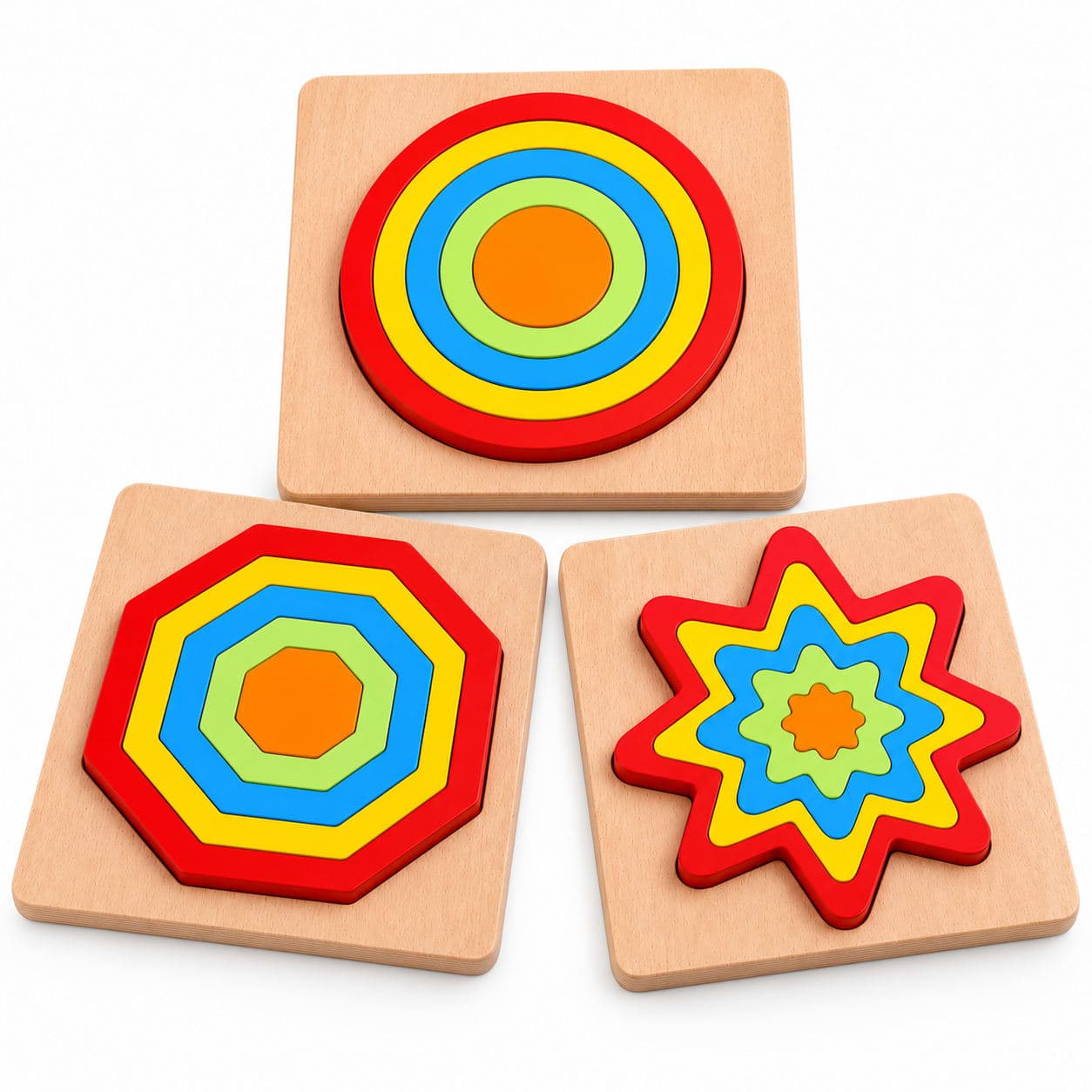 WoodyTales Multi-Layered Geometric Shape Puzzle Set – 3-Pack Educational Nesting Toy for Toddlers