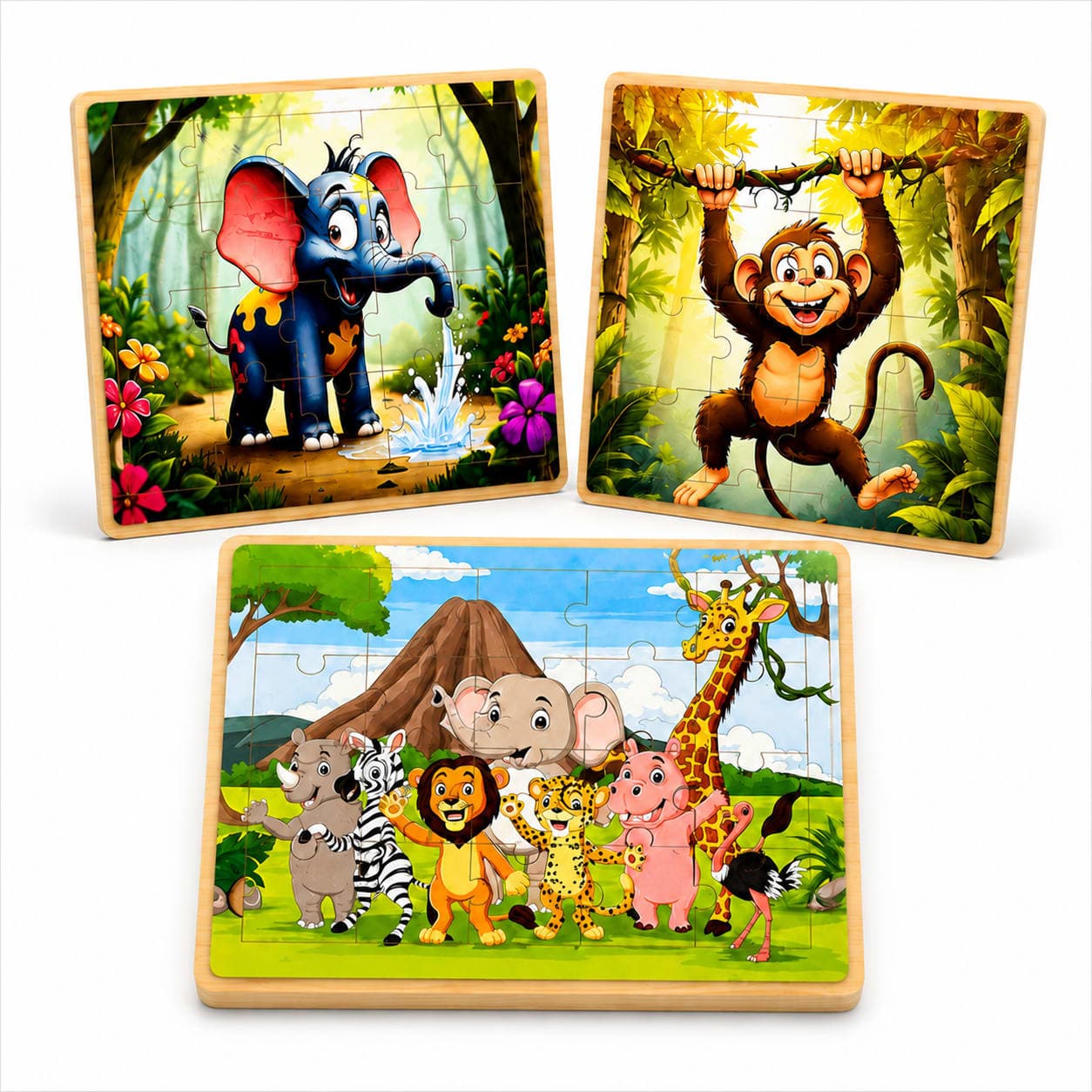 WoodyTales Premium Wooden Wildlife Animal Jigsaw Puzzle Set – 3-Pack Educational Learning Toy Bundle