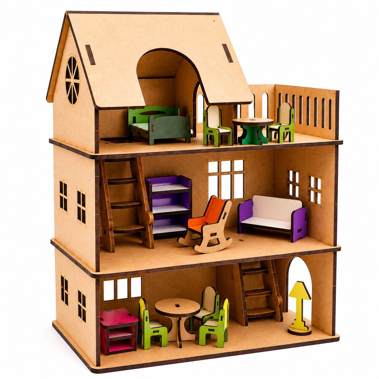 3-Storey Wooden Doll House for Kids | Colorful DIY Pretend Play House