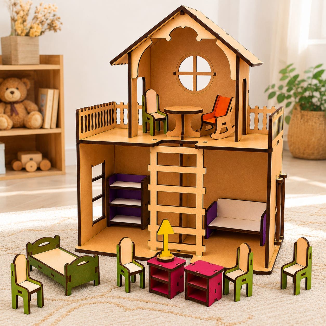 3-Storey Wooden Doll House for Kids | DIY Pretend Play House with Furniture Set