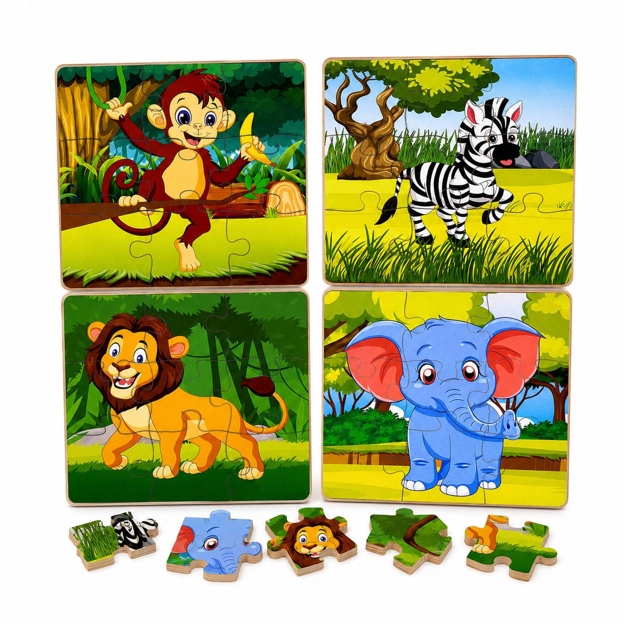 4-in-1 Wooden Animal Jigsaw Puzzle for Kids | Jungle Animals Learning Puzzle
